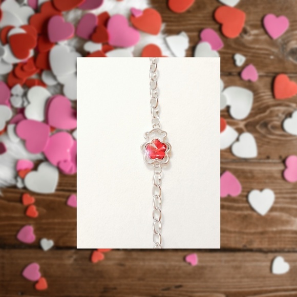 Red Gemstone Flower Teddy Bear Silver Bracelet - Picture 2 of 4